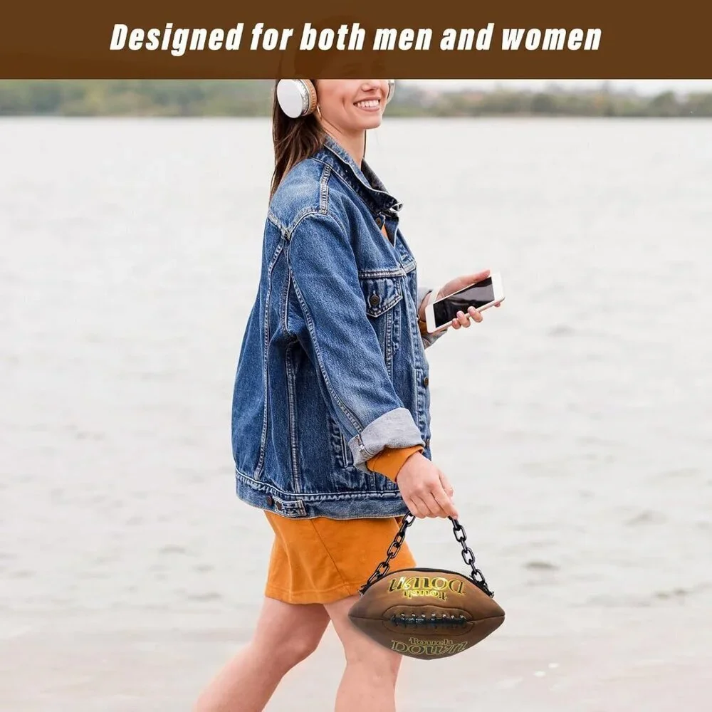 Football Shaped Crossbody Bag Leather with Chain Strap Sport Fan Purse